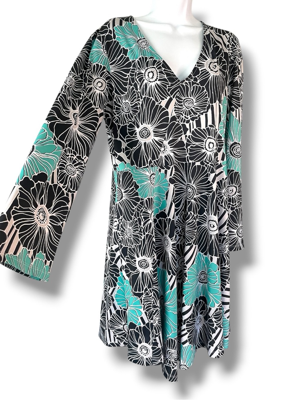 Groovy Floral Dress Fit & Flare Black Teal Long Sleeve Signature Collection